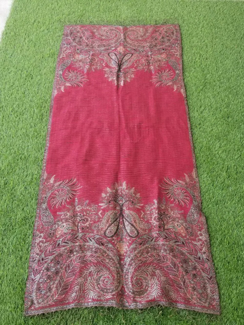 Wool Blanket Scarf Olive Green Brick Red Gold Metallic Threads Paisley Reverses